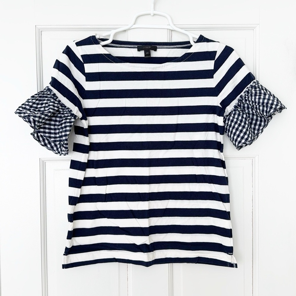 J.CREW shirt size XXS blue white striped shortsleeve gingham cotton preppy
